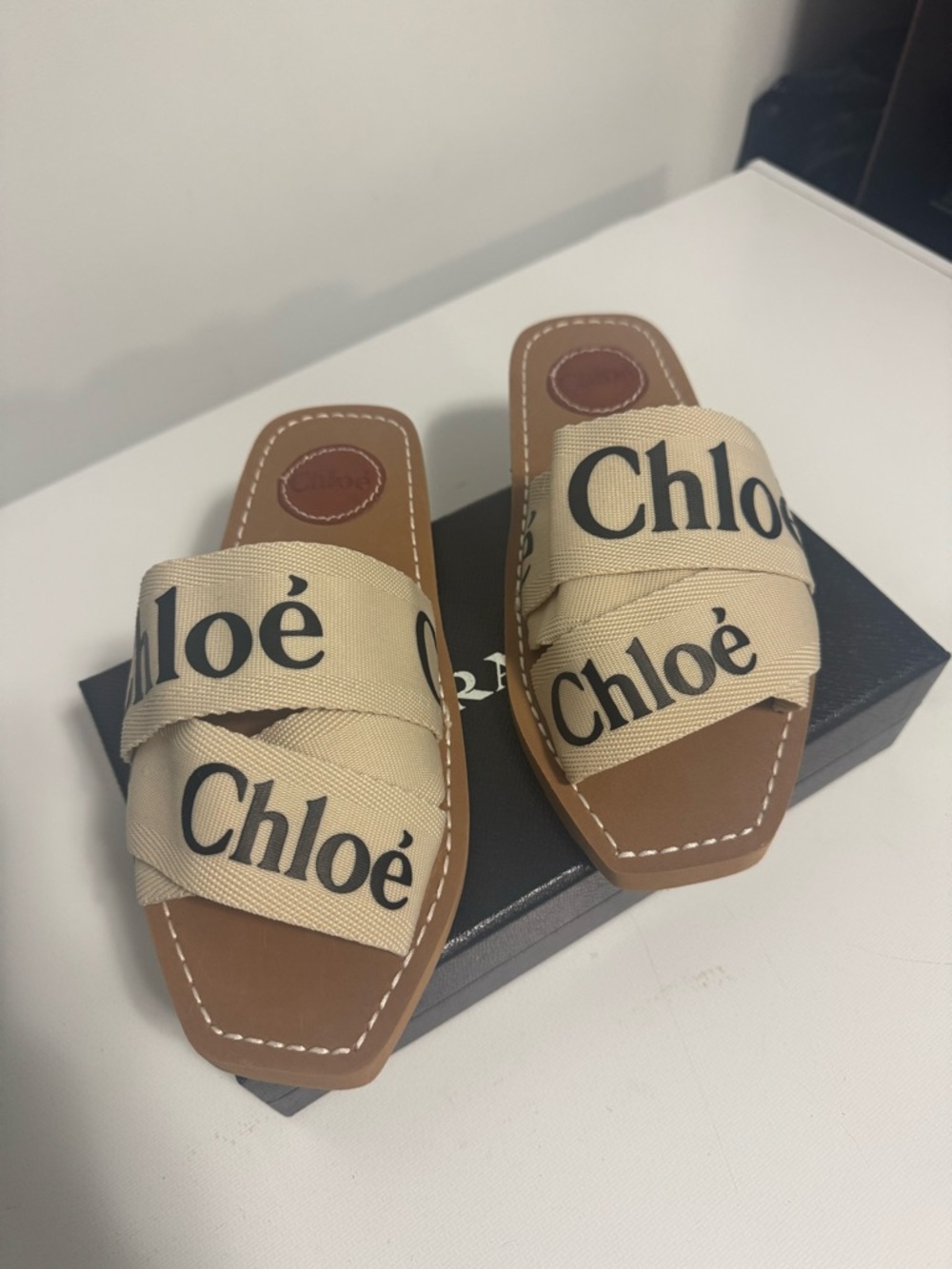 Chloé woody canvas slides